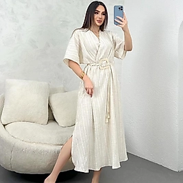 Bayan keten bagcık kuşaklı elbise