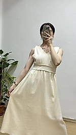 Örgü detaylı keten elbise